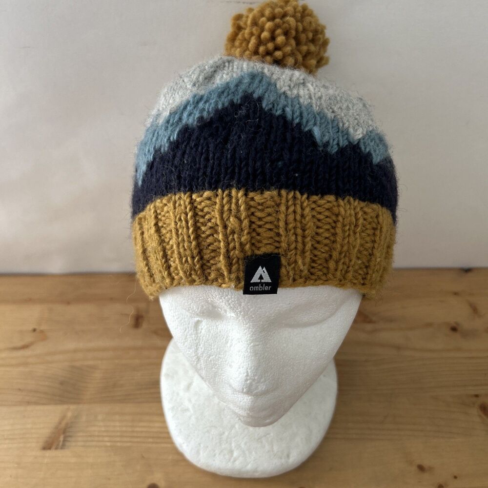Ambler Knit Hat Blue/Grey/Mustard Mountain Peaks Fleece Lined Beanie w Pom